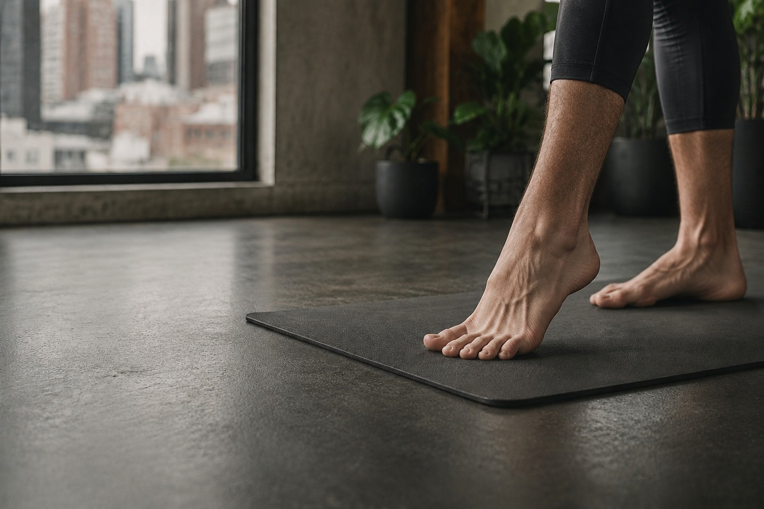 Männliche Füße beim Balance-Training auf einer Matte